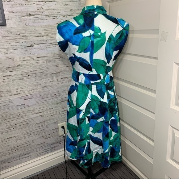 Jones New York Fit Flare Midi Dress Sz 4 Blue Green White Tropical Button Front - Picture 7 of 11